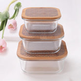 Urbane Home Pack of 3 Borosilicate Glass Kitchen Containers with Bamboo Lid | 310ml 510ml 800ml | Airtight Square Fridge Storage Boxes | Glass Jars for Cereal, Dry Fruits | Blue Pottery Print